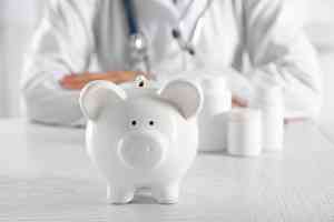 © Africa Studio - stock.adobe.com Arzt sitz hinter Sparschwein